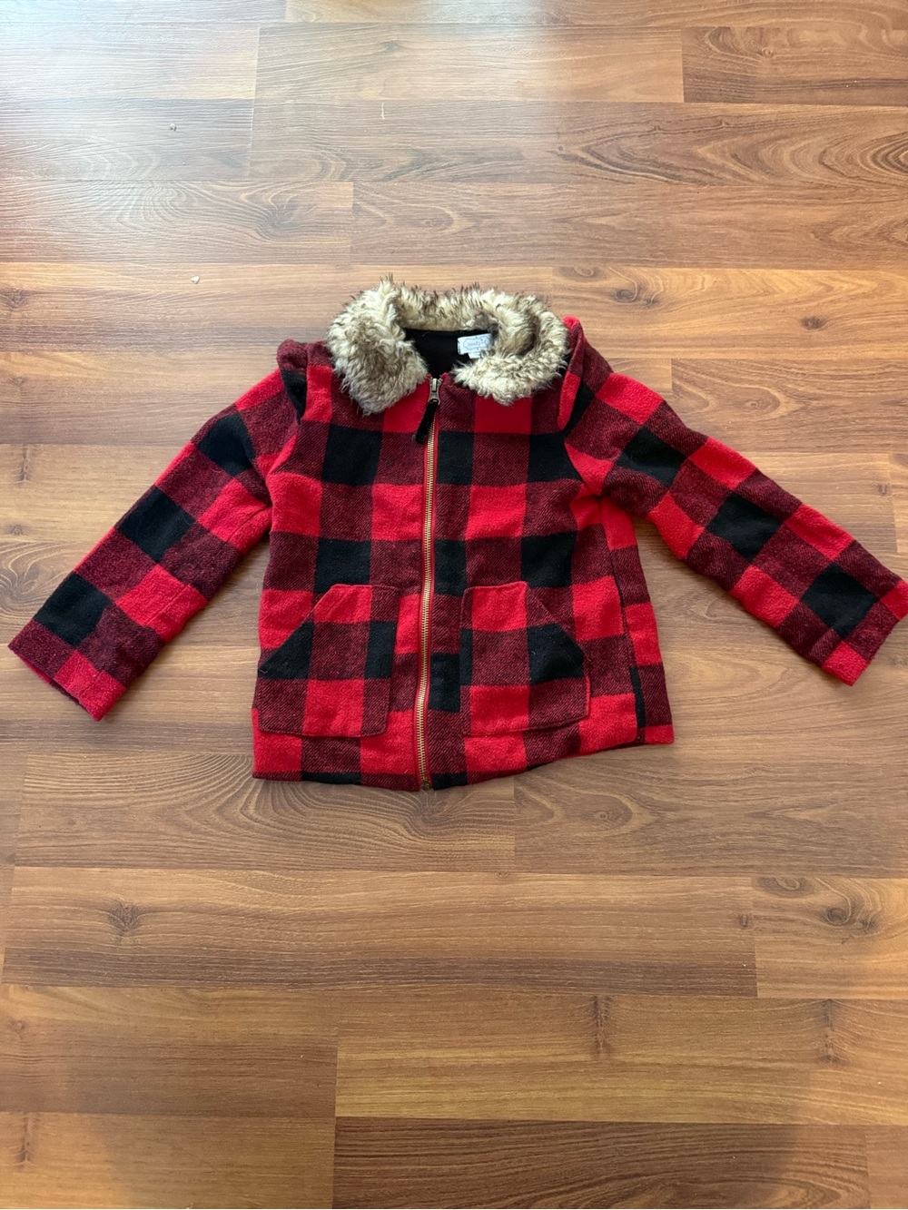 Mud Pie Red and Black Buffalo Plaid Pea Coat with Faux Fur Collar